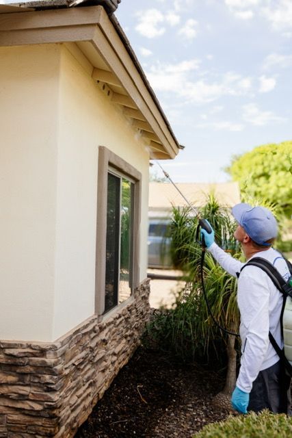Worker inspecting the exterior of a house with a spray wand, wearing gloves and protective gear