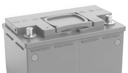 Gray car battery with top handle and terminal posts on a white background | Mario’s Automotive