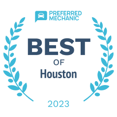 Preferred Mechanic Best of Houston 2023 award badge with blue laurel wreaths and text | Mario’s Automotive
