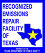 Texas emissions repair facility logo with blue text and Texas outline with yellow star