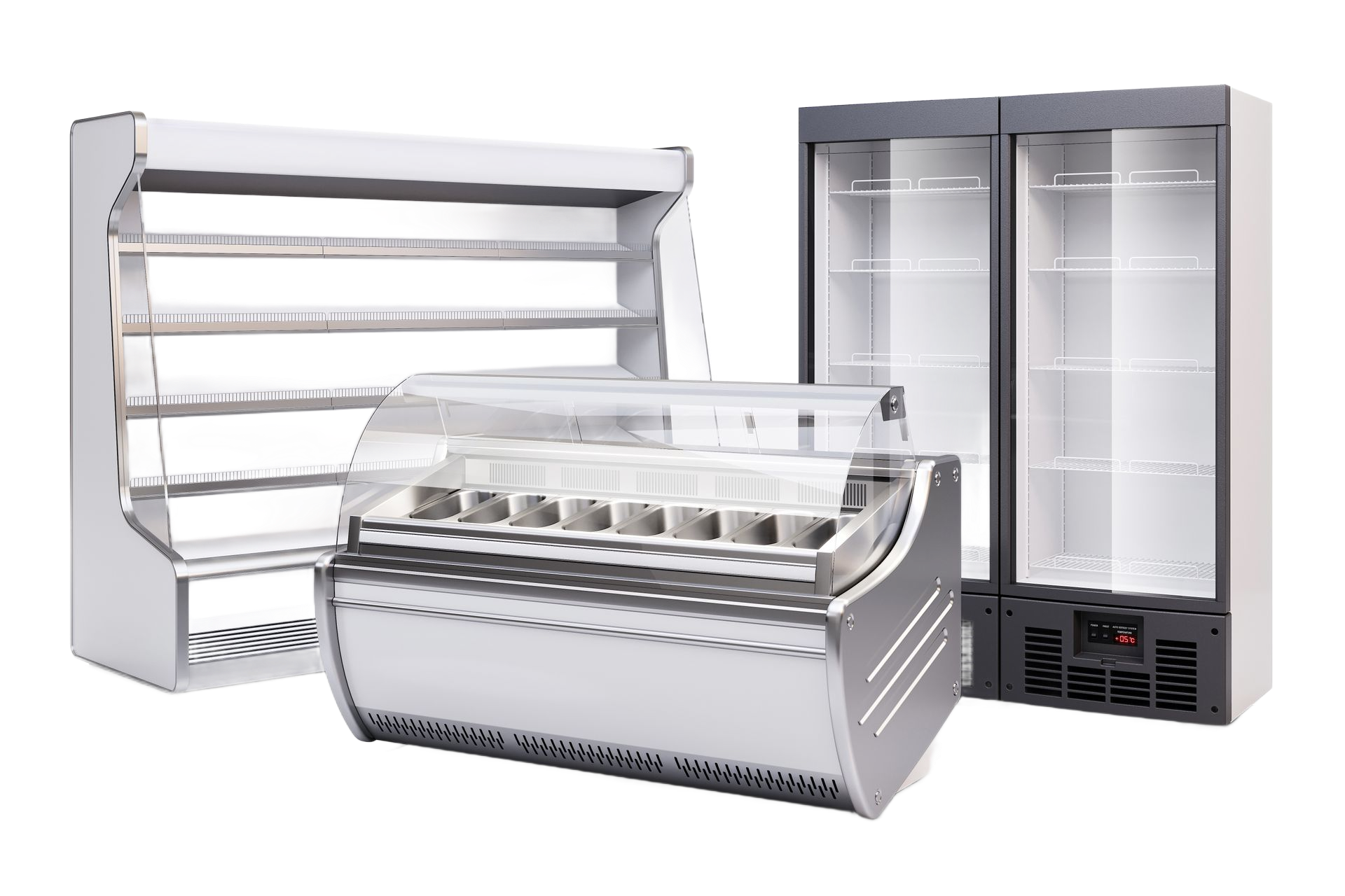 Display refrigerators: open shelving, curved glass, and glass-door models, all with a white and silver finish. Display refrigerators: open shelving, curved glass, and glass-door models, all with a white and silver finish.