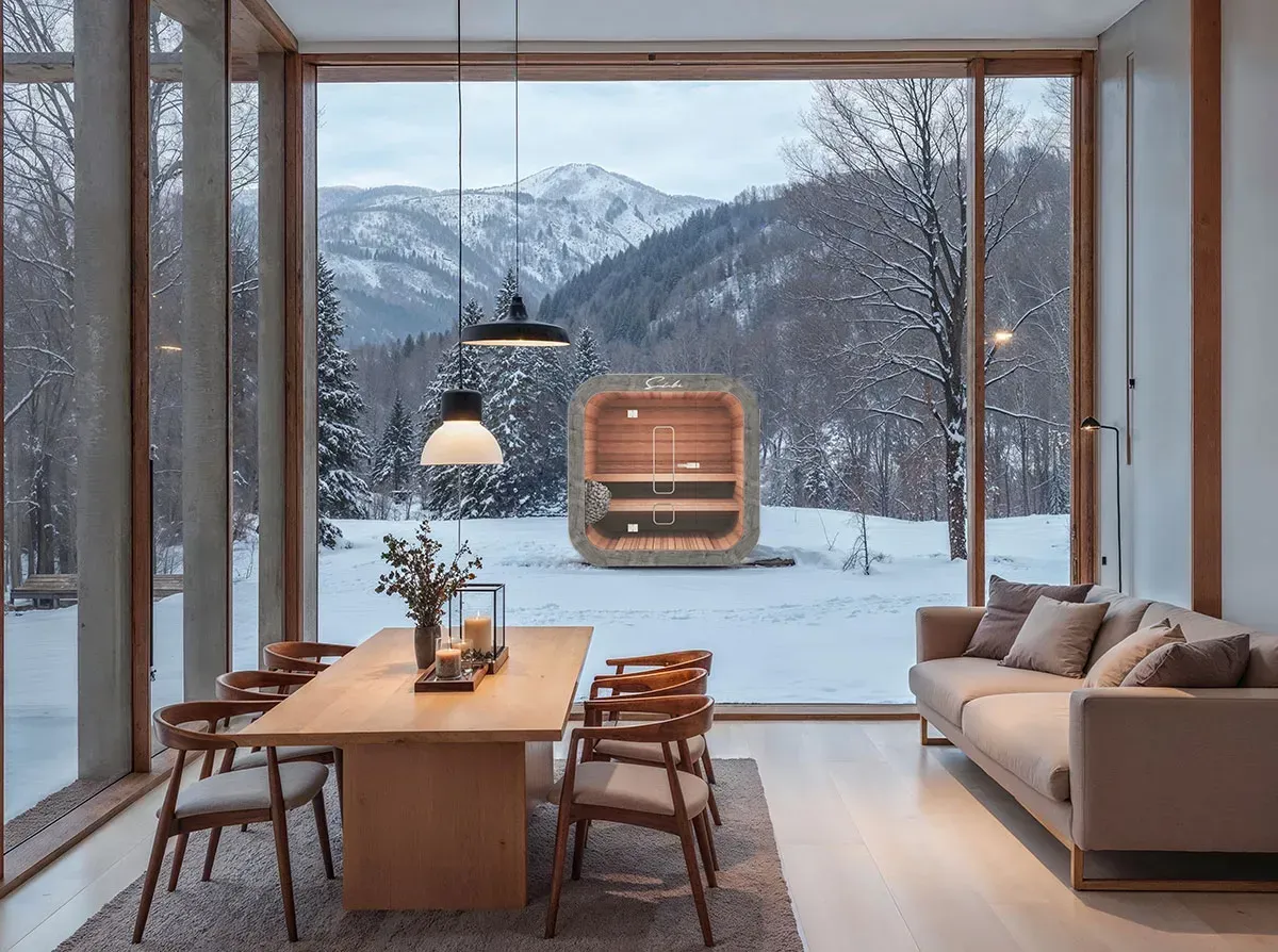 Un salon avec une table, des chaises et un canapé et un sauna en fond