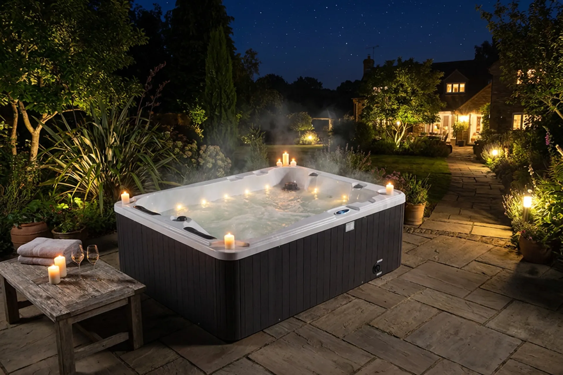Un bain à remous extérieur éclairé aux chandelles, fumant dans une terrasse de jardin la nuit, avec des lumières environnantes et un dallage en pierre.