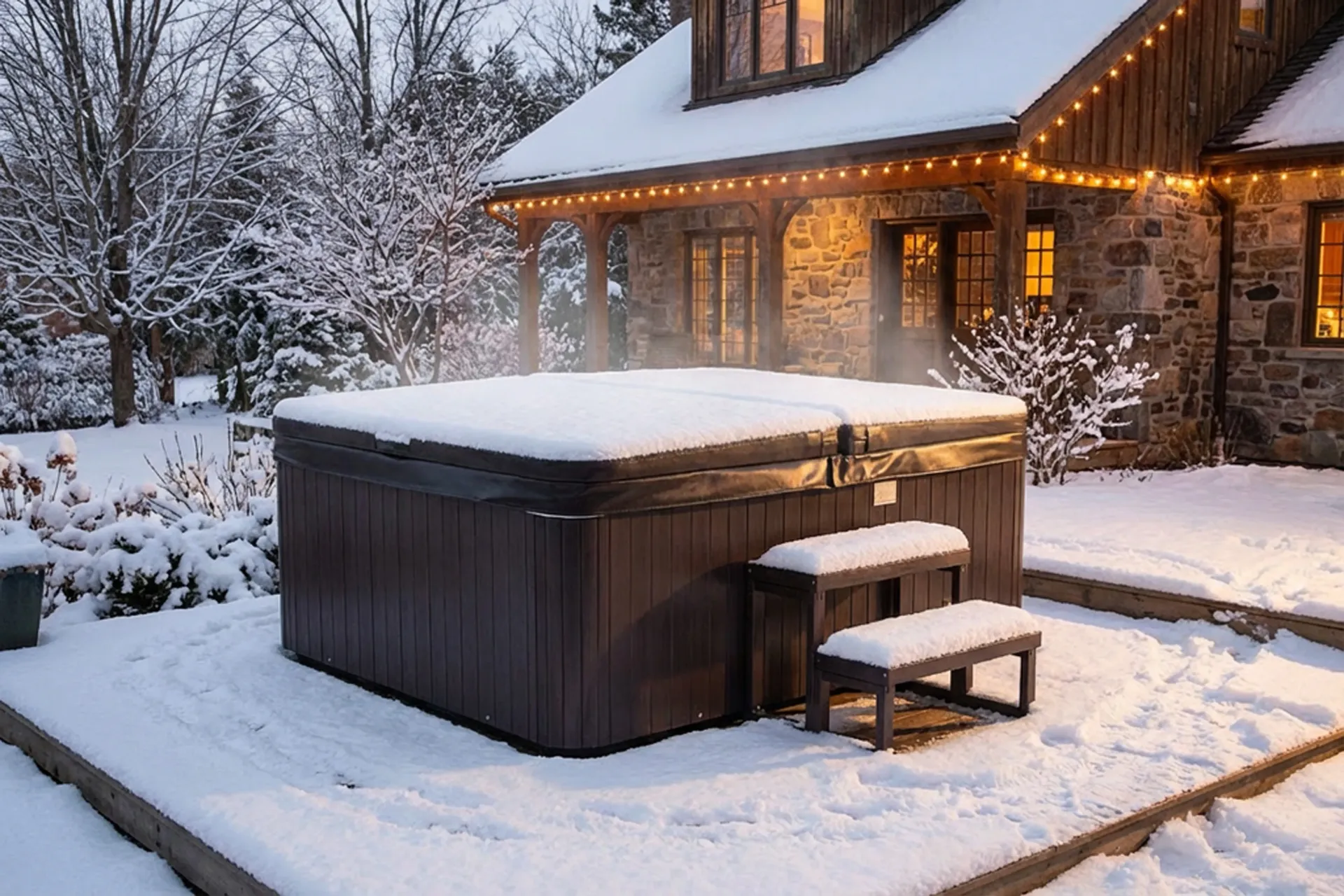 Un jacuzzi enneigé à côté d'une maison chaleureusement éclairée dans une cour hivernale