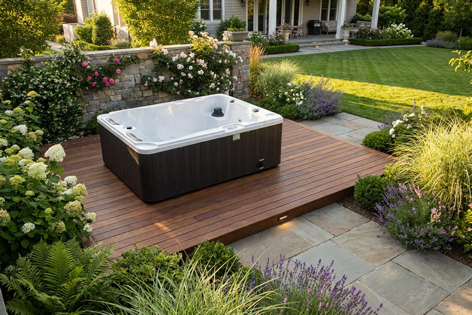 Jacuzzi sur une terrasse en bois dans un jardin paysager à l'arrière