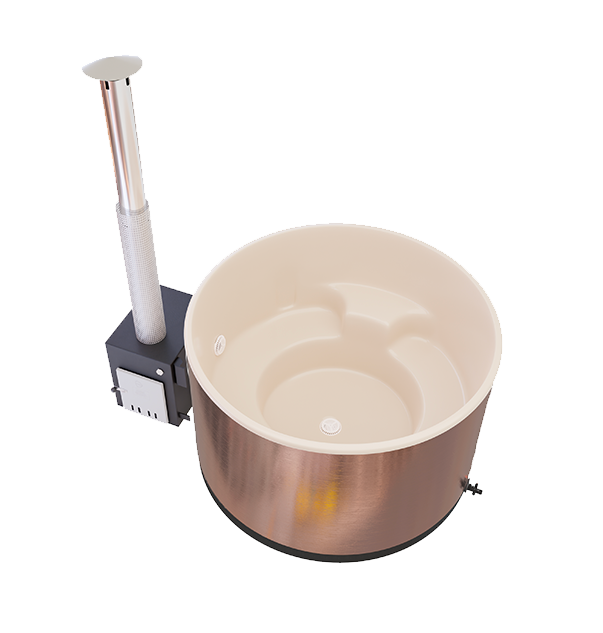 Un bain à remous en cuivre avec une cheminée attachée sur un fond blanc.