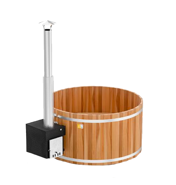 Un bain à remous en bois avec une cheminée attachée sur un fond blanc.