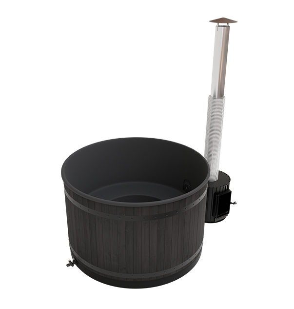 Une baignoire en bois noir avec une cheminée attachée sur un fond blanc.