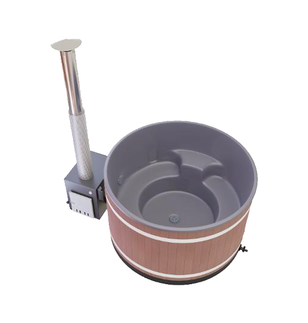 Un bain à remous en bois avec une cheminée attachée.