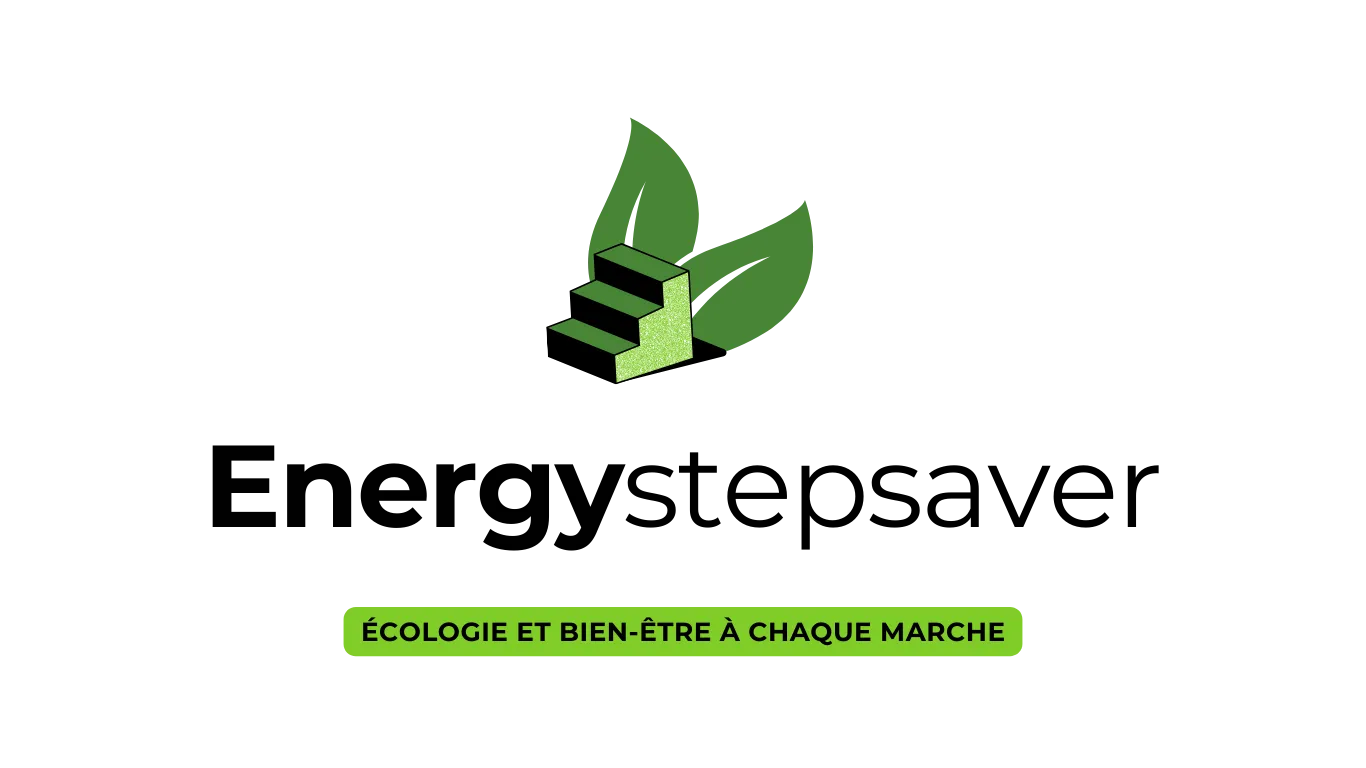 Un logo pour un économiseur d'énergie avec une feuille verte au sommet d'un escalier.
