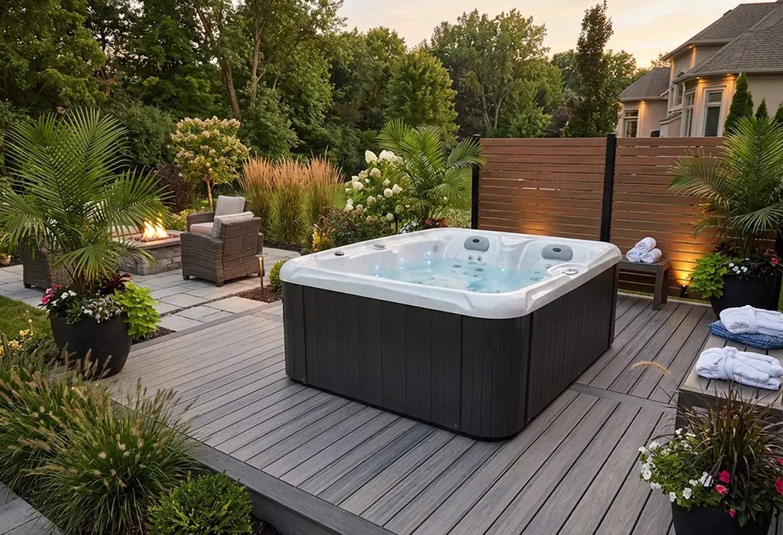 Un spa rectangulaire sur un patio carrelé avec des plantes vertes et un mur blanc, entouré d'une verdure luxuriante.