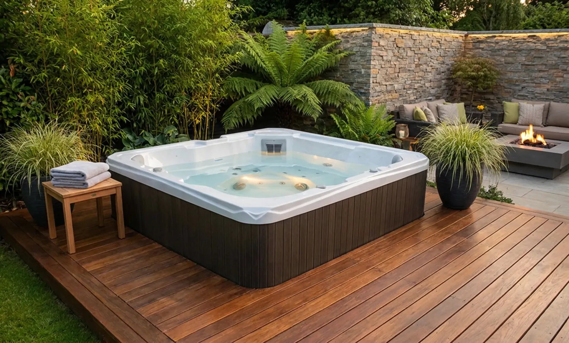 Jacuzzi extérieur sur une terrasse en bois bordée de verdure luxuriante et d'un mur de pierre, avec un foyer extérieur accueillant à proximité.