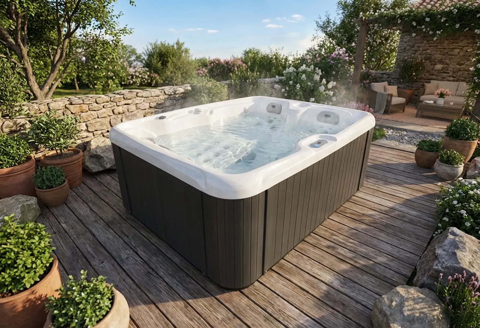 jacuzzi entouré de plantes vertes sur une terrasse blanche, sur fond de feuillage et de montagnes.