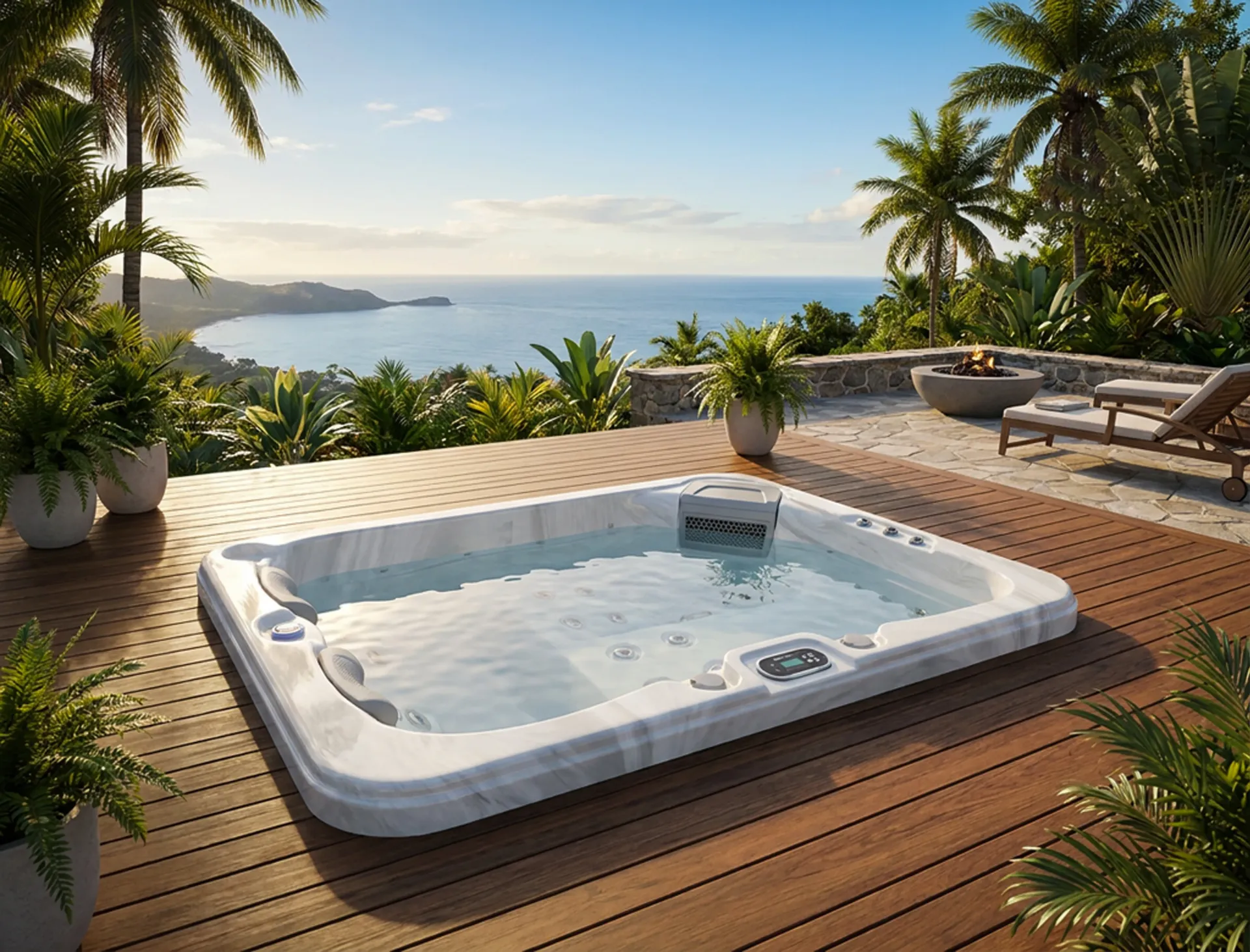Jacuzzi de luxe sur une terrasse en bois surplombant l'océan, encadré de palmiers tropicaux au coucher du soleil.