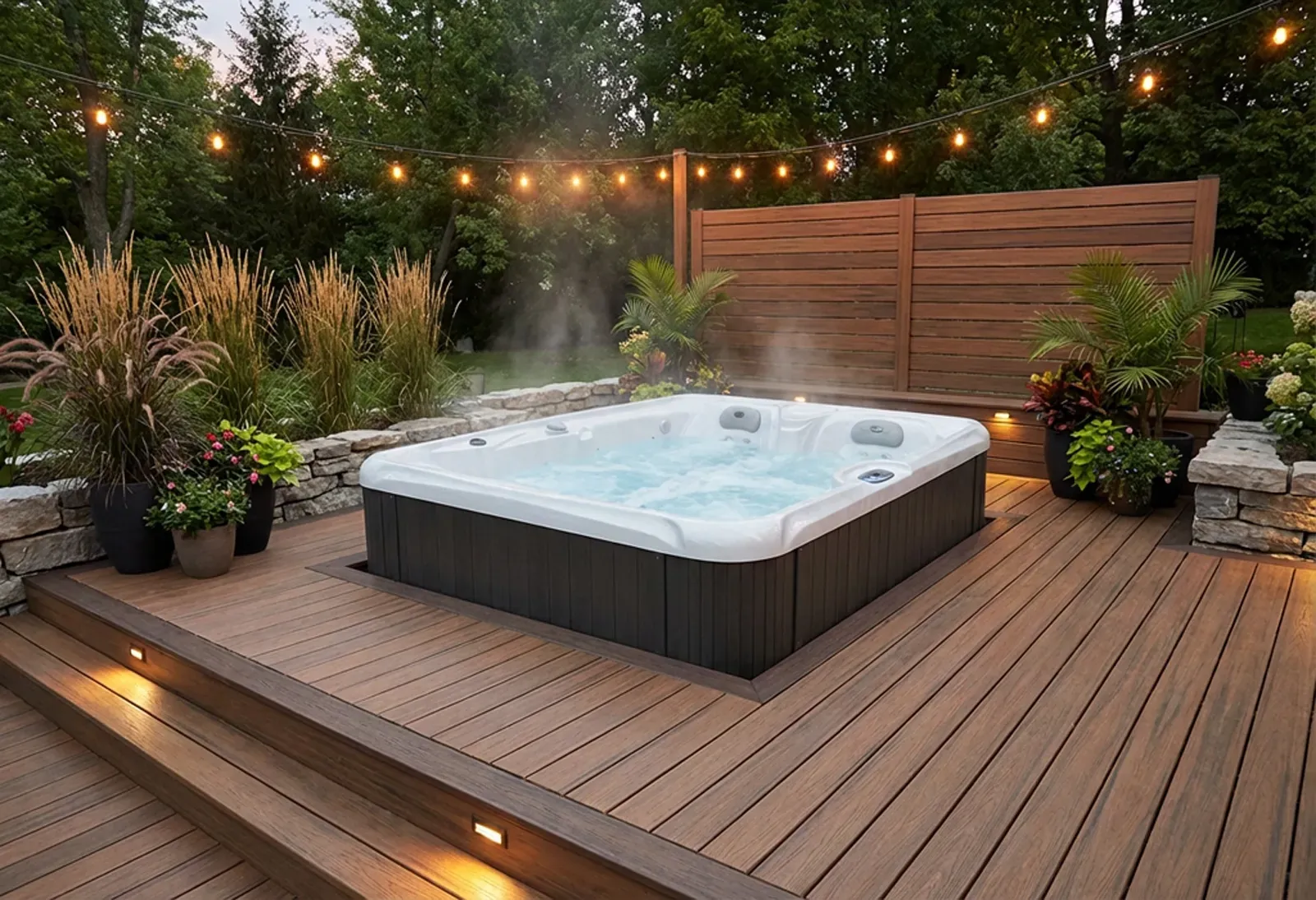 Un jacuzzi sur une terrasse blanche, entouré de verdure et offrant une vue panoramique sur les montagnes. Le jacuzzi est noir et blanc.