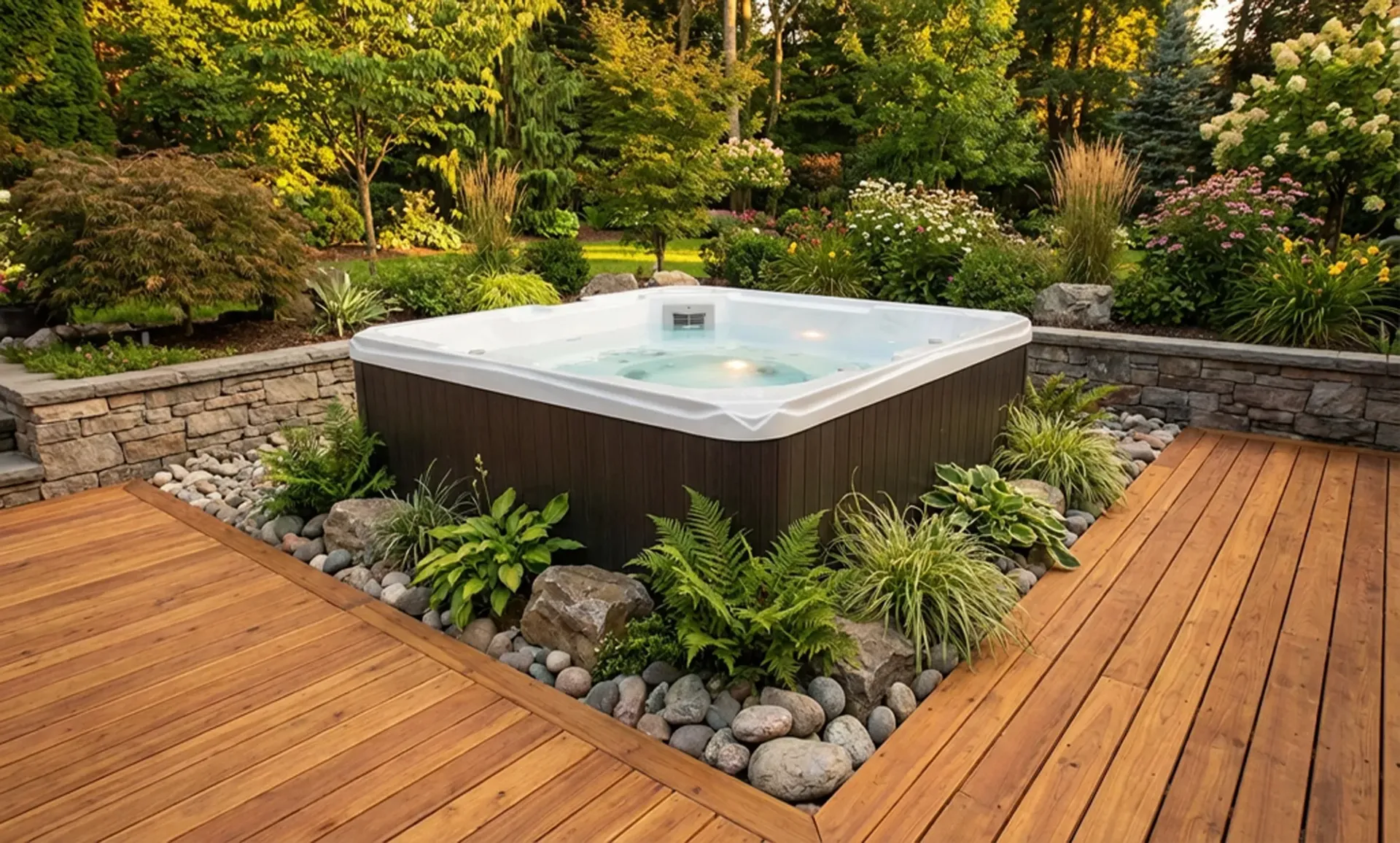 Jacuzzi dans le jardin entouré de murs en pierre, de végétation luxuriante et d'une terrasse en bois