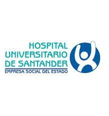 El logotipo del Hospital Universitario de Santander es un círculo azul con una persona dentro.