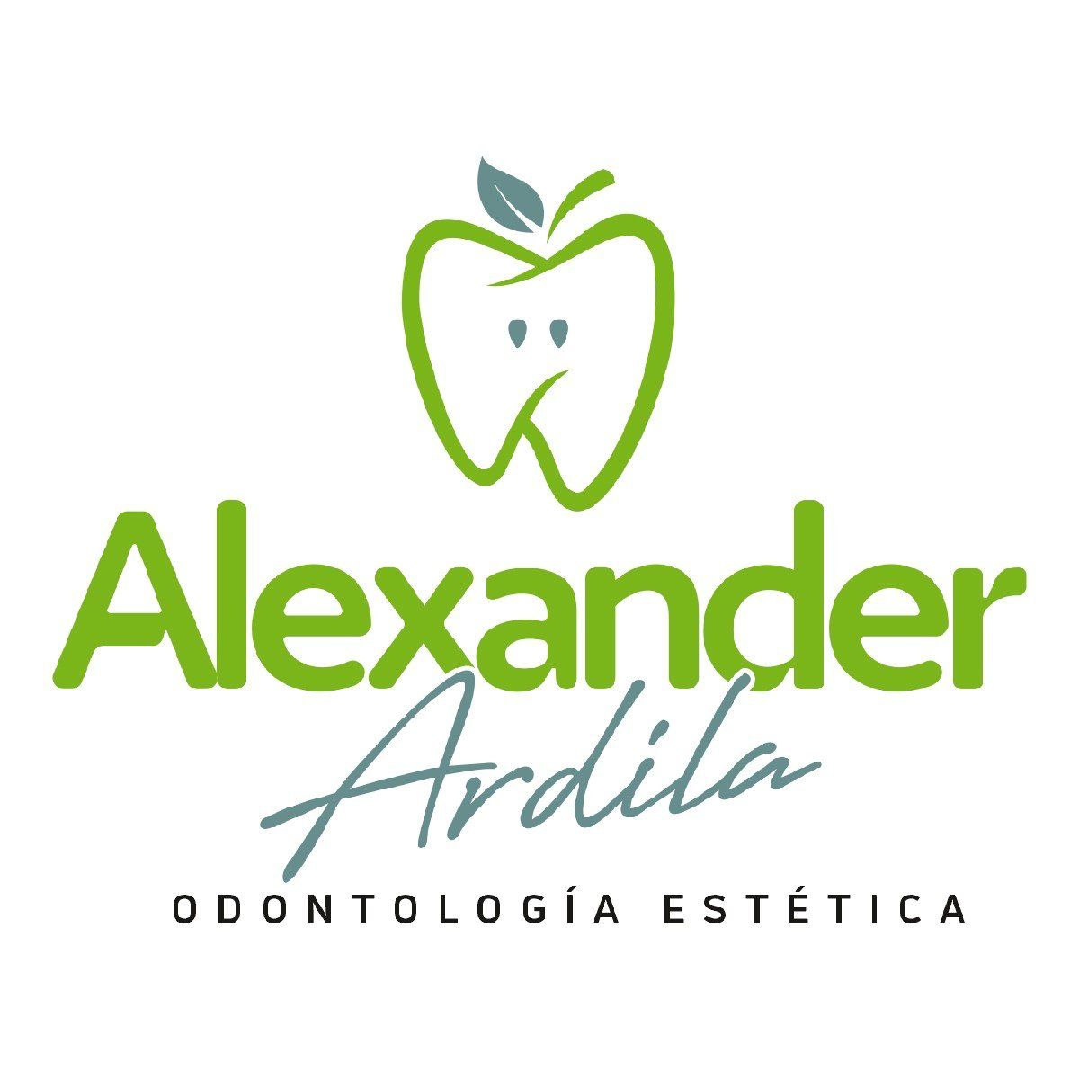 El logotipo de Alexander Ardila Odontología Estetica tiene una manzana con un diente.