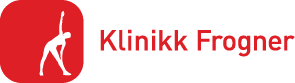 Logo for Klinik Froger. Rød bakgrunn med en hvit yogastilling og teksten «Klinikk Frogner» i rødt.
