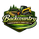 Backcountry Landscaping & Lawn Care LLC logo with yellow excavator, trees, and green shield