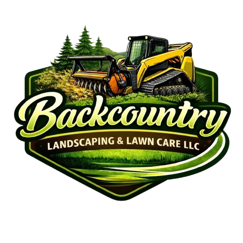 Backcountry Landscaping & Lawn Care LLC logo with yellow excavator, trees, and green shield