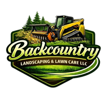 Backcountry Landscaping & Lawn Care LLC logo with yellow excavator, trees, and green shield