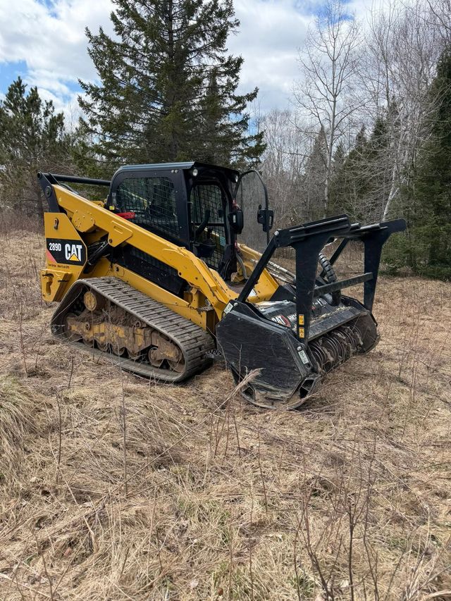 Yellow-and-black tracked stump grinder in a wooded clearing on leaf-covered ground