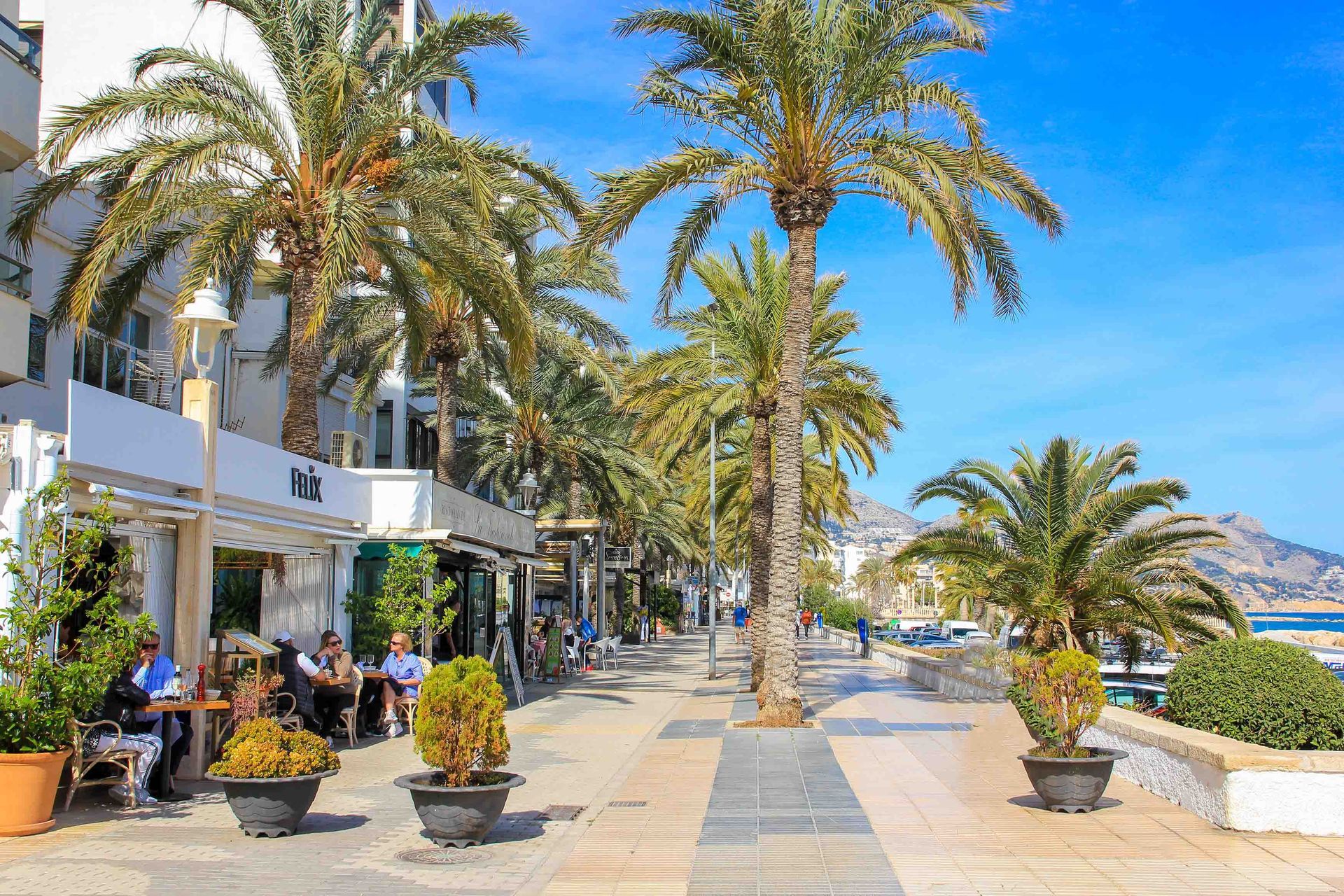 A sidewalk lined with palm trees and people sitting at tables.