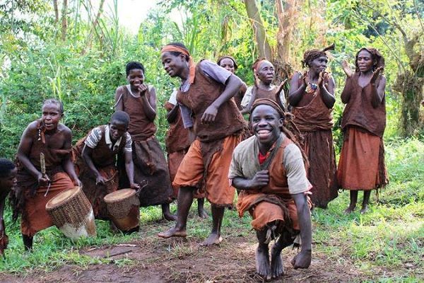 A group of people are dancing and playing drums in the woods.