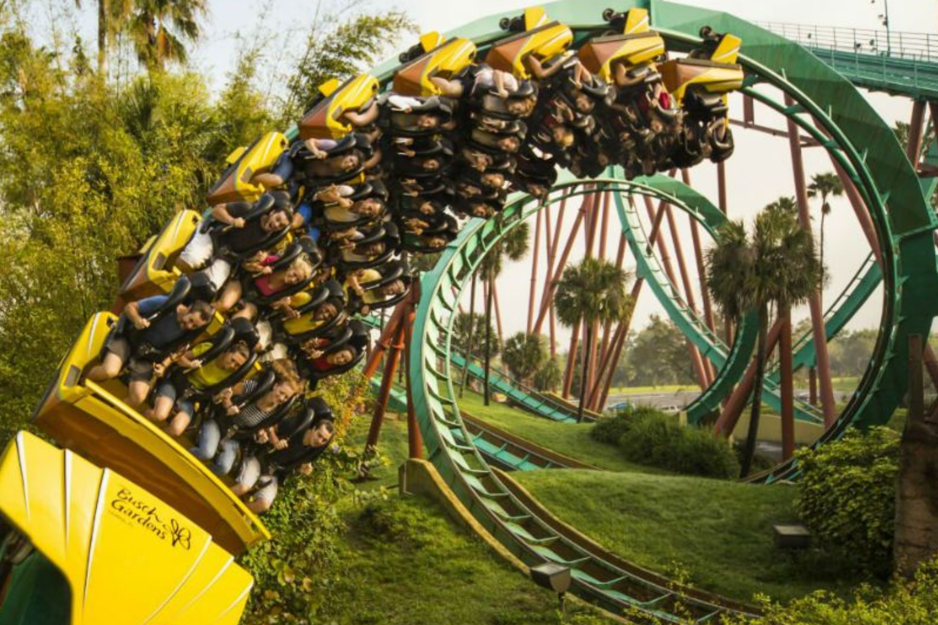 People are riding a roller coaster at an amusement park.