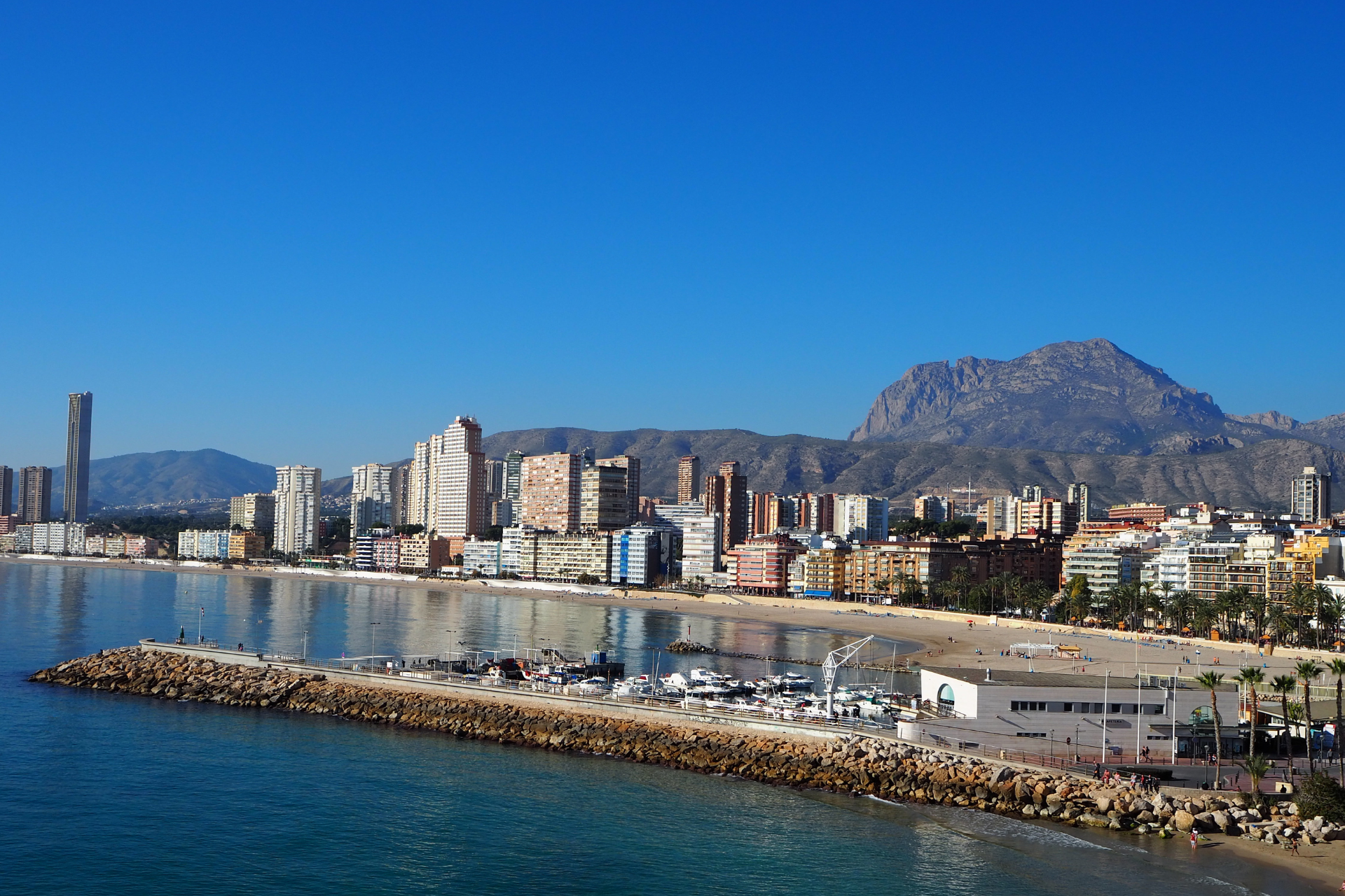 A city skyline with a mountain in the background and a body of water in the foreground.