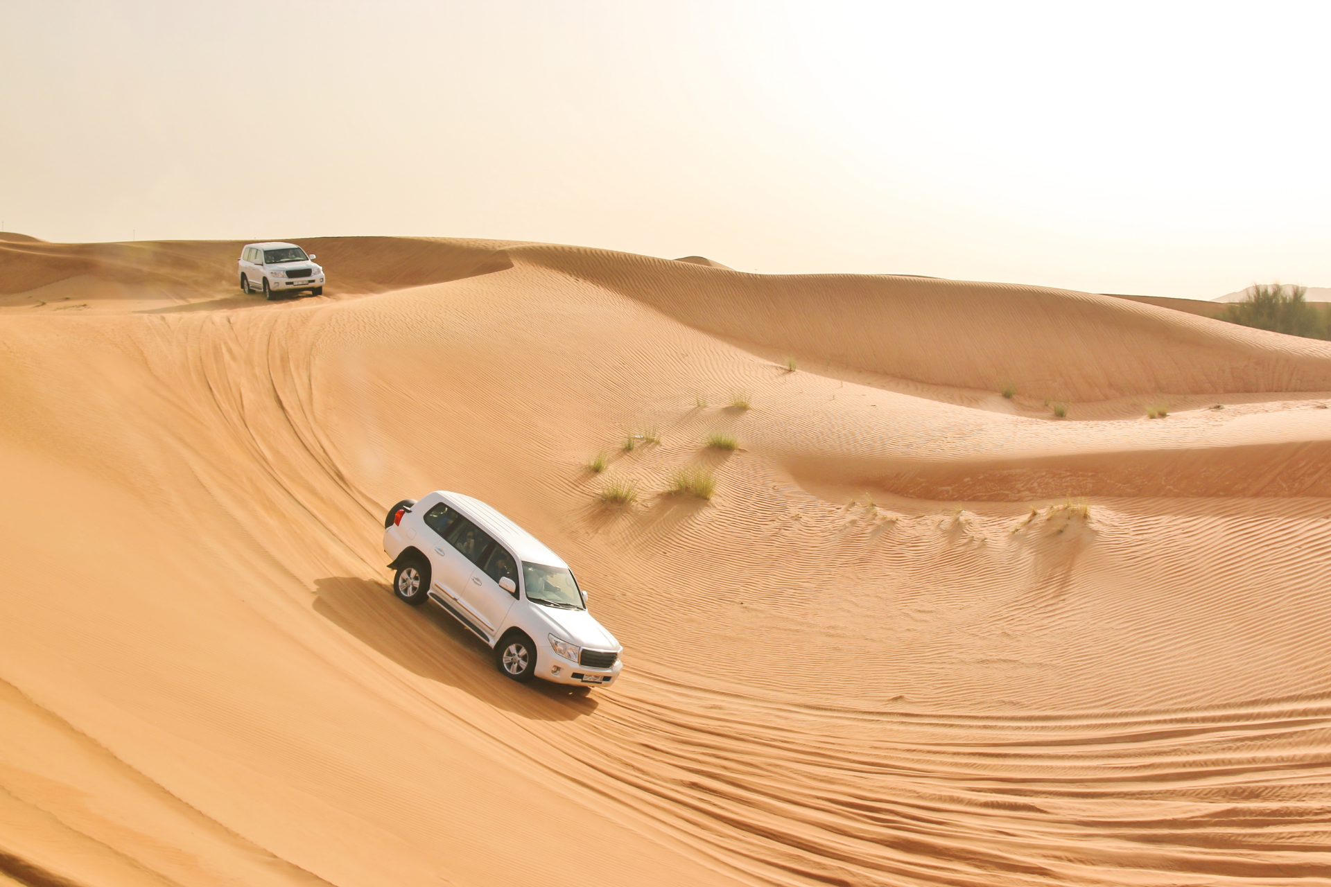 A white suv is driving down a dirt road in the desert.