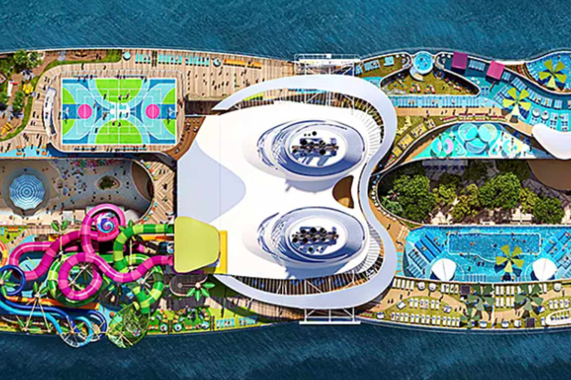 An artist 's impression of a cruise ship with a water park.