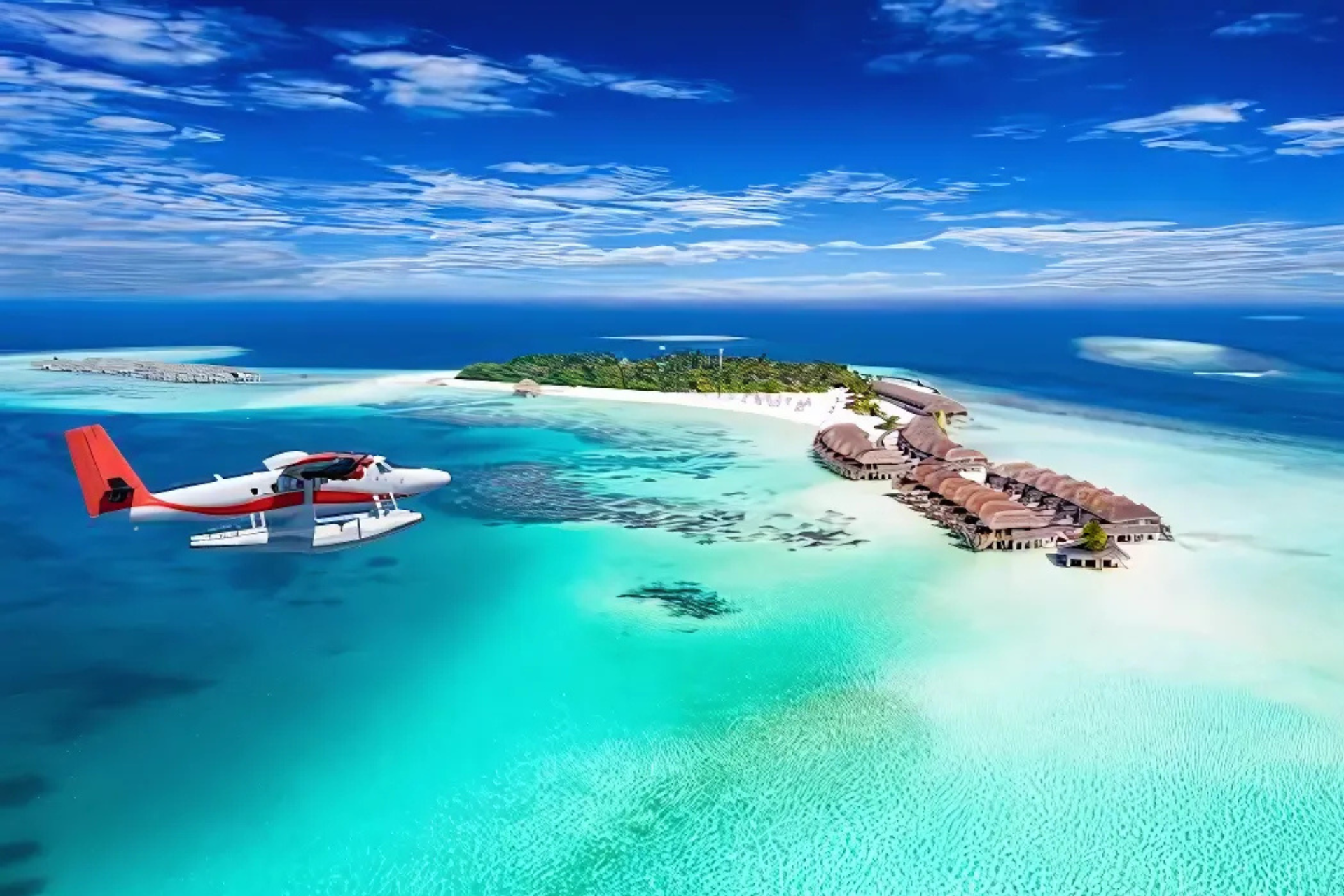 A small plane is flying over a small island in the middle of the ocean.