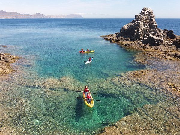 A group of people are kayaking in the ocean near a rocky shoreline.