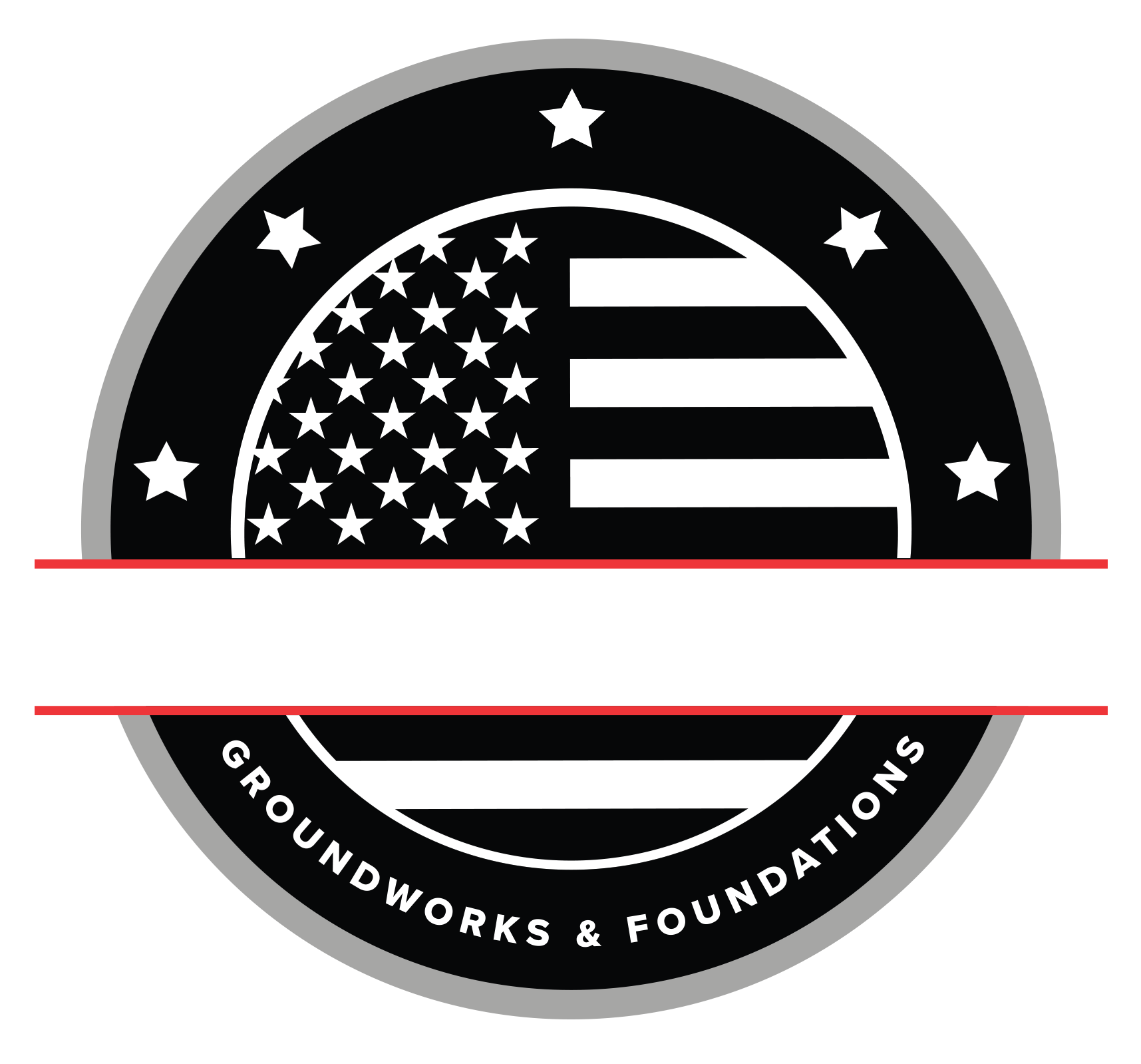 Circle logo with American flag design, black and white, text reads 