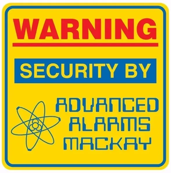 Warning sign: Security by Advanced Alarms Mackay, yellow and blue with a nuclear symbol — Advanced Alarms Mackay Pty Ltd In South Mackay, QLD