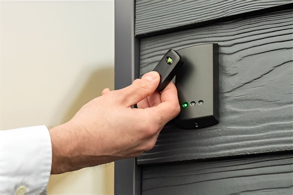 Person Using A Key Fob To Unlock A Black Security Device On A Gray Wall. The Device And Fob Have Green Lights — Advanced Alarms Mackay Pty Ltd In South Mackay, QLD