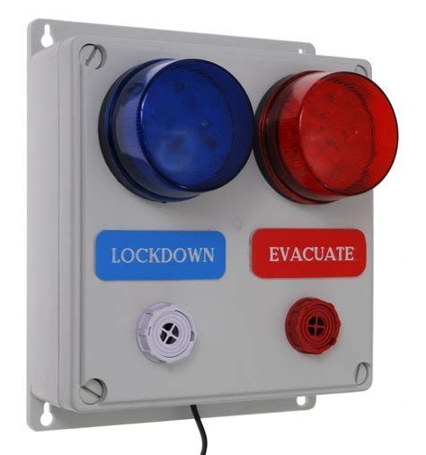 Lockdown And Evacuate Emergency Alert System With Blue And Red Flashing Lights And Activation Buttons — Advanced Alarms Mackay Pty Ltd In South Mackay, QLD