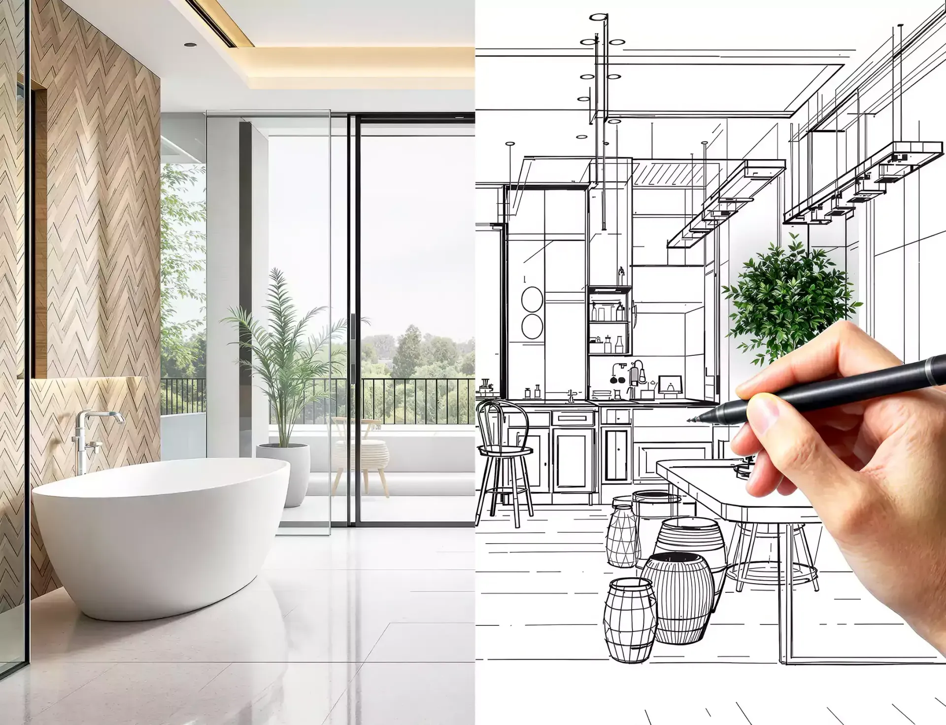 Bathroom: Finished interior next to a hand sketching the architectural design.