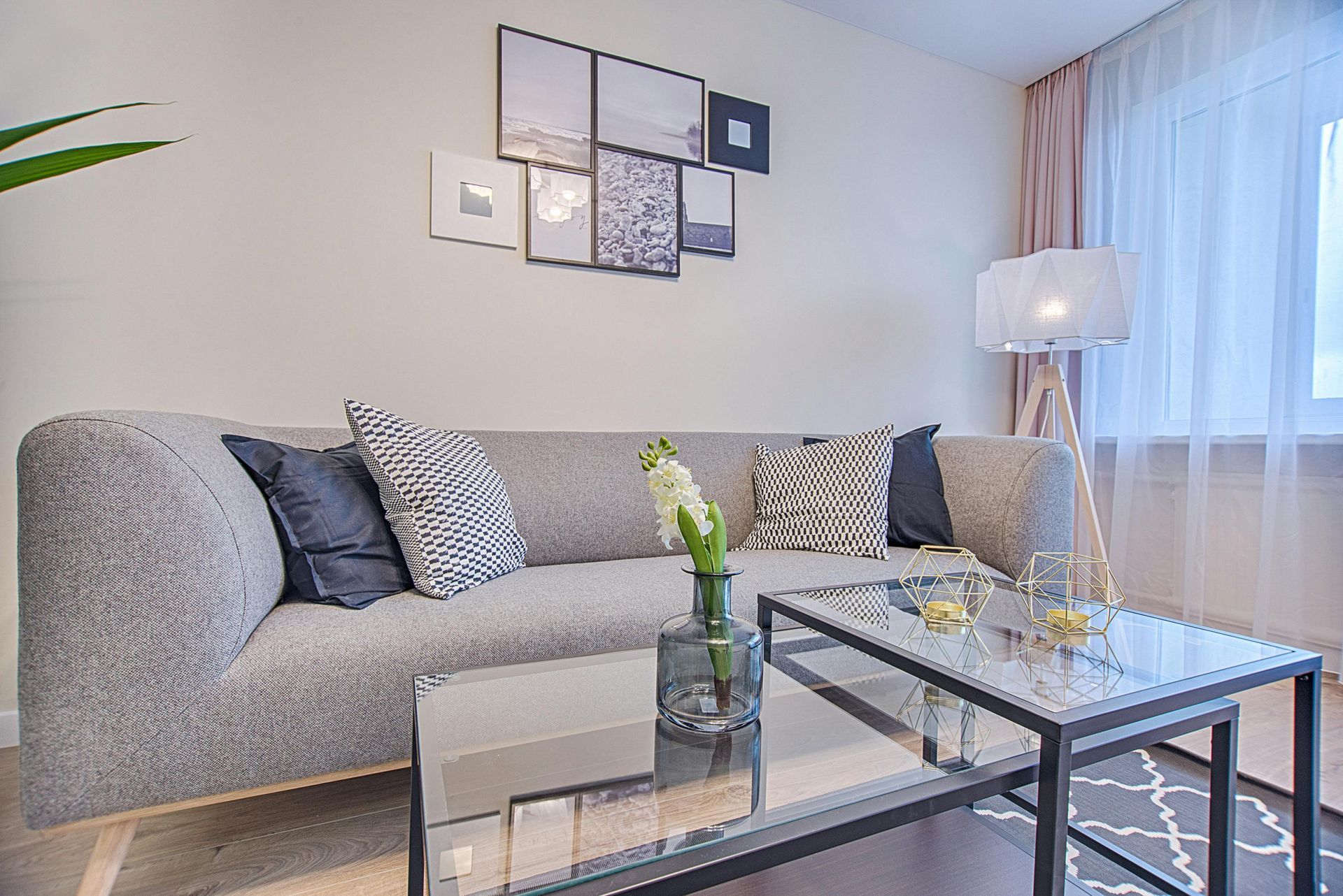 Modern living room with gray sofa, glass coffee table, wall art, and a floor lamp by a window