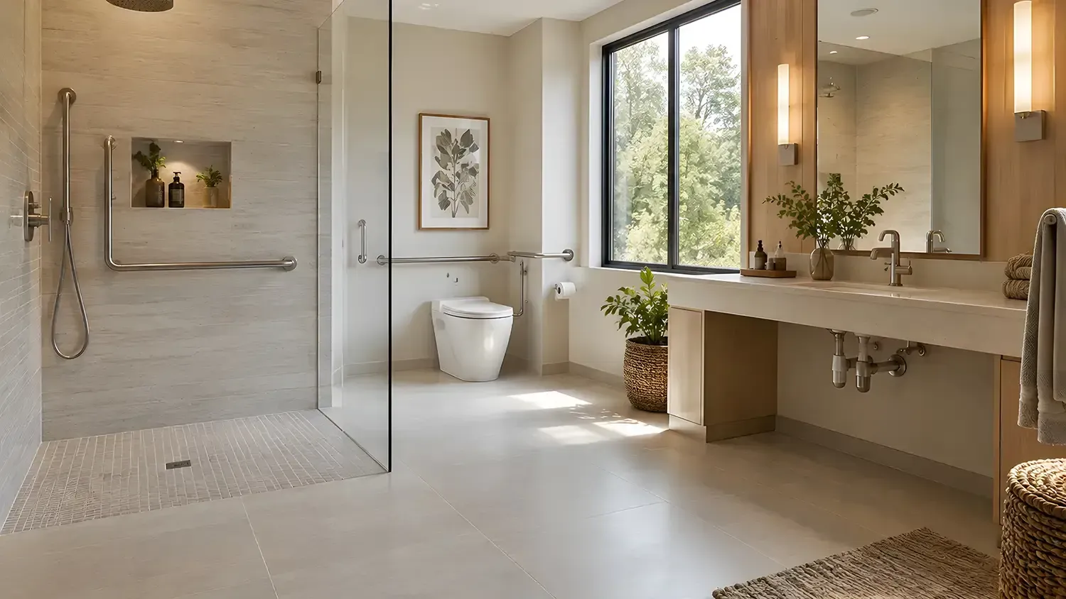 Bright modern bathroom with walk-in shower, freestanding tub, and vanity by large windows