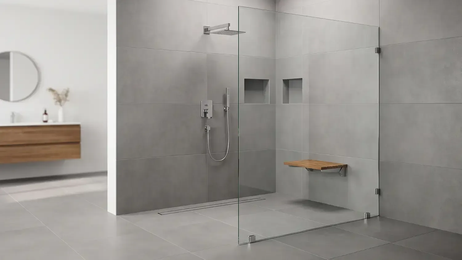 Minimalist bathroom with a glass walk-in shower and wall-mounted wooden vanity