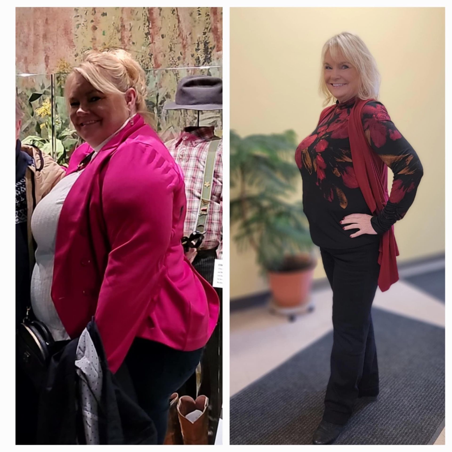 A woman in a pink jacket and a woman in a black shirt
