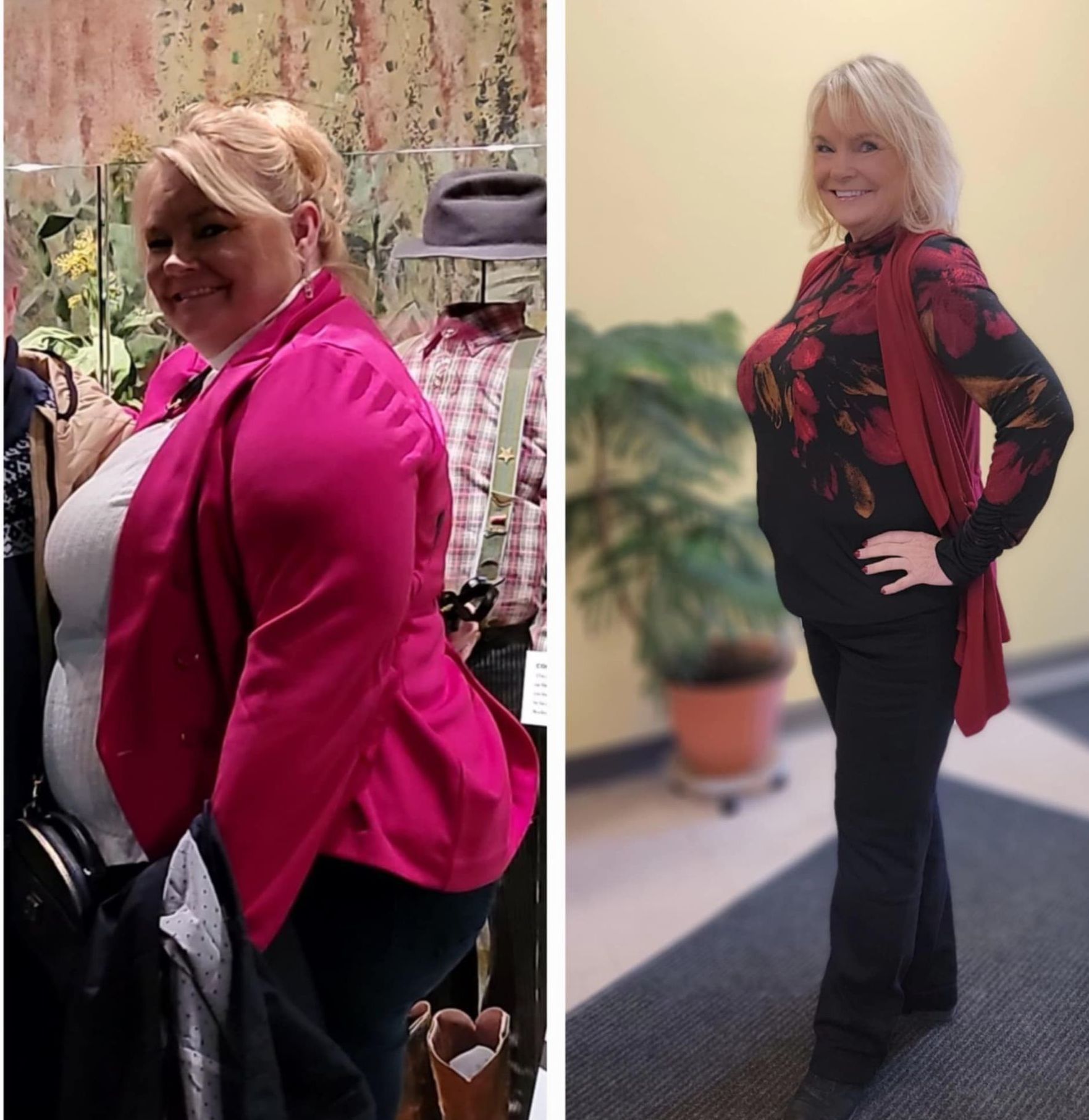A woman in a pink jacket and a woman in a black shirt