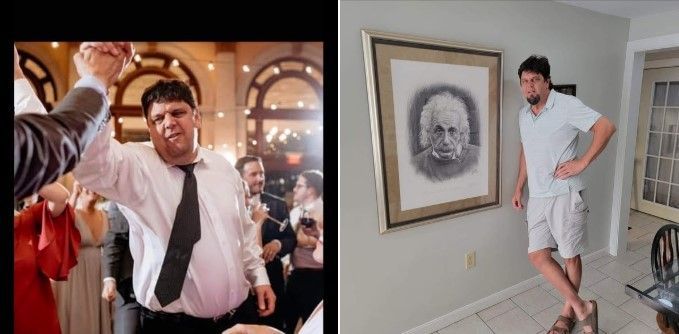 A man in a white shirt and tie is dancing next to a picture of a skull on a wall.