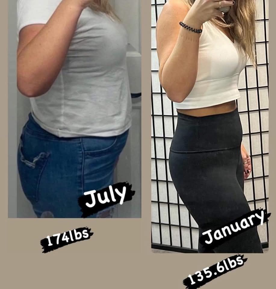 A before and after photo of a woman 's weight loss in july and january