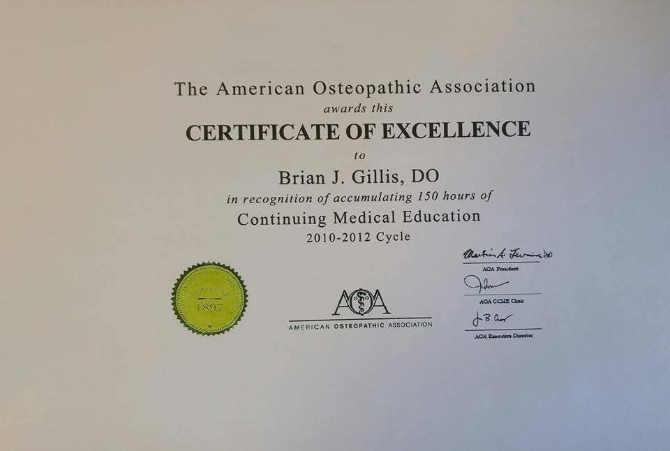A certificate of excellence from the american osteopathic association