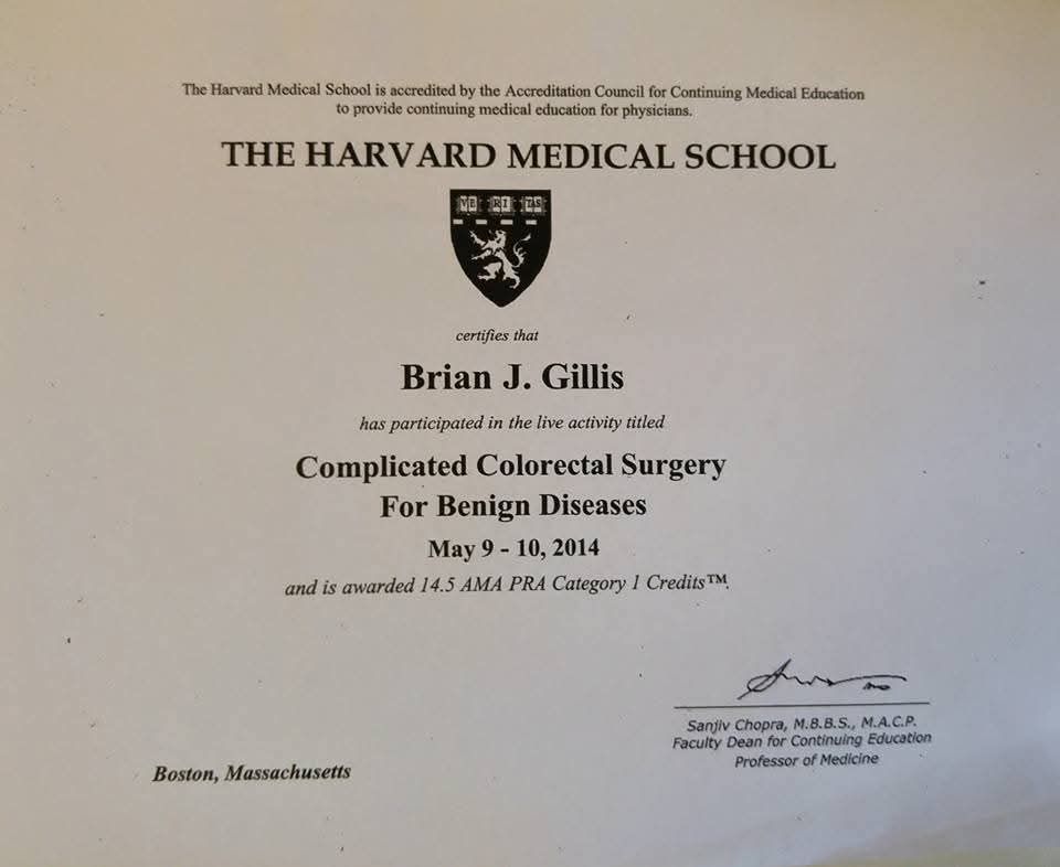A harvard medical school certificate for complicated colorectal surgery for benign diseases