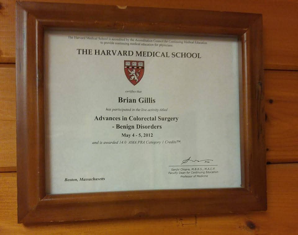 A framed certificate from the harvard medical school